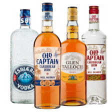 Old Captain Caribbean rum wit, bruin
of spiced fles à 700 ml,
Glen Talloch Schotse whisky of Esbjaerg vodka
fles à 1000 ml
